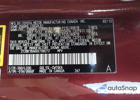 2013 Lexus Rx 350 z USA, uszkodzony, nr VIN 2T2BK1BA6DC198217